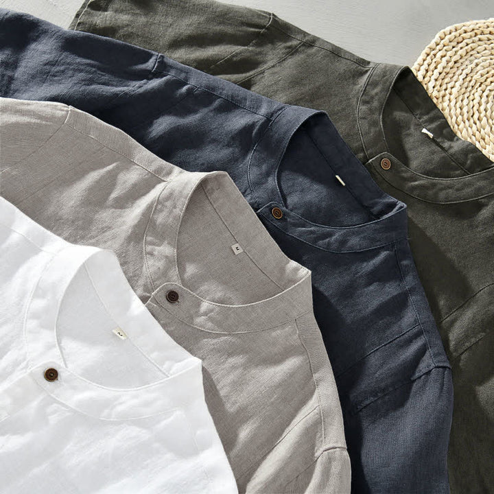 Buddha Stones Summer Tang Style Casual Mandarin Collar Button Up Solid Men's Short Sleeve Shirts - image 14