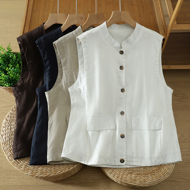 Buddha Stones Summer Tang Style Minimalist Mandarin Collar Button-Up Solid Women's Sleeveless Shirts Tank Top With Pocket - image 23
