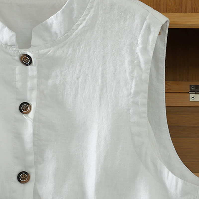 Buddha Stones Summer Tang Style Minimalist Mandarin Collar Button-Up Solid Women's Sleeveless Shirts Tank Top With Pocket - image 17
