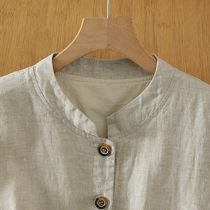 Buddha Stones Summer Tang Style Minimalist Mandarin Collar Button-Up Solid Women's Sleeveless Shirts Tank Top With Pocket - image 1