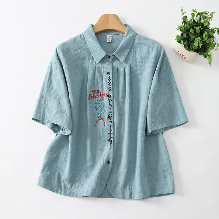 Buddha Stones Summer Casual Vintage Button-Up Embroidery Floral Women's Short Sleeve Shirts - CadetBlue - US8-10, UK/AU12-14, EU40-42 (2XL) - image 1