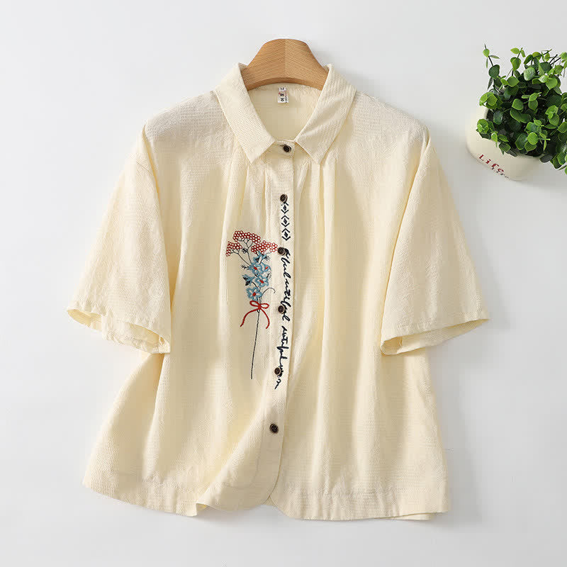 Buddha Stones Summer Casual Vintage Button-Up Embroidery Floral Women's Short Sleeve Shirts - AntiqueWhite - US8-10, UK/AU12-14, EU40-42 (2XL) - image 0