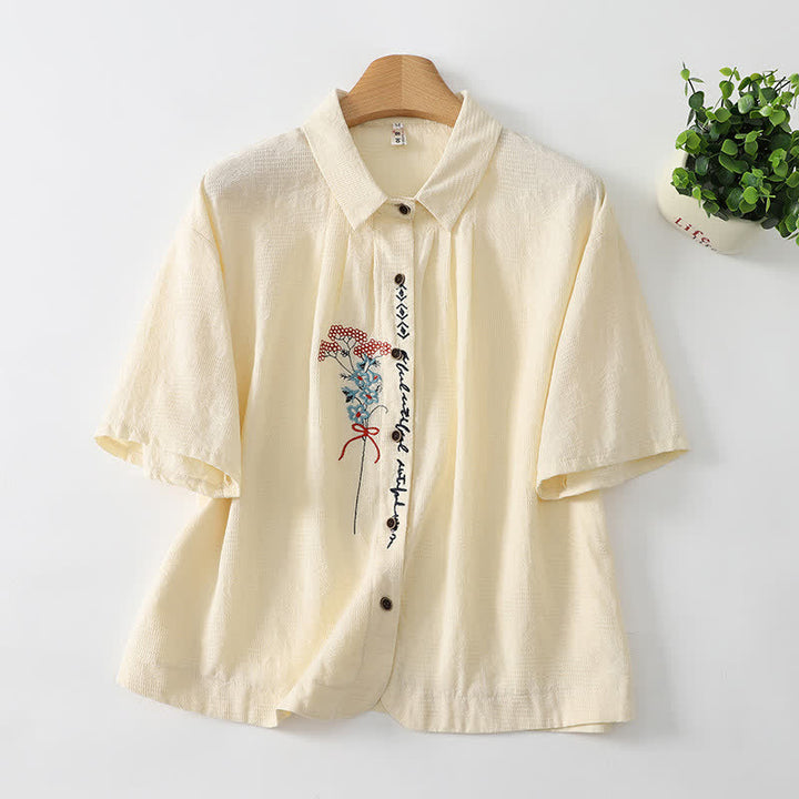 Buddha Stones Summer Casual Vintage Button-Up Embroidery Floral Women's Short Sleeve Shirts - AntiqueWhite - US8-10, UK/AU12-14, EU40-42 (2XL) - image 0