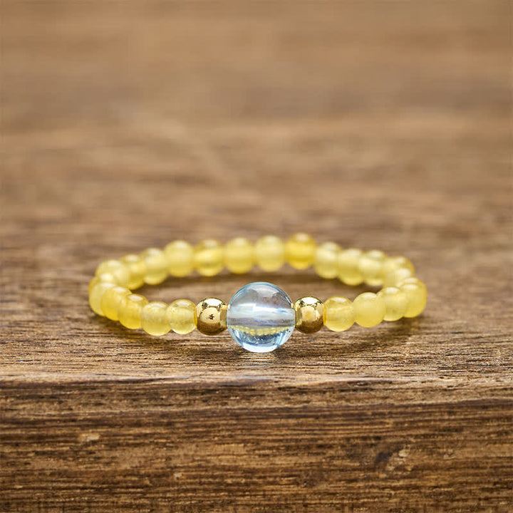 Buddha Stones 2mm Mini Beads Natural Rhodonite Aquamarine Topaz Rose Quartz Healing Elastic Ring - Natural Topaz(Color May Vary)+Natural Aquamarine(Color May Vary)(2mm+4mm) - image 7