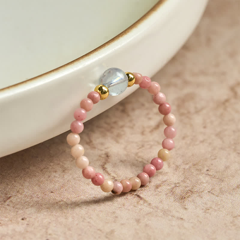 Buddha Stones 2mm Mini Beads Natural Rhodonite Aquamarine Topaz Rose Quartz Healing Elastic Ring - image 1