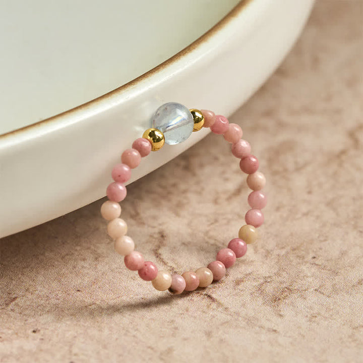 Buddha Stones 2mm Mini Beads Natural Rhodonite Aquamarine Topaz Rose Quartz Healing Elastic Ring - image 1