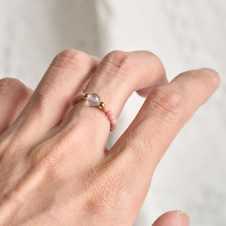 Buddha Stones 2mm Mini Beads Natural Rhodonite Aquamarine Topaz Rose Quartz Healing Elastic Ring - image 4