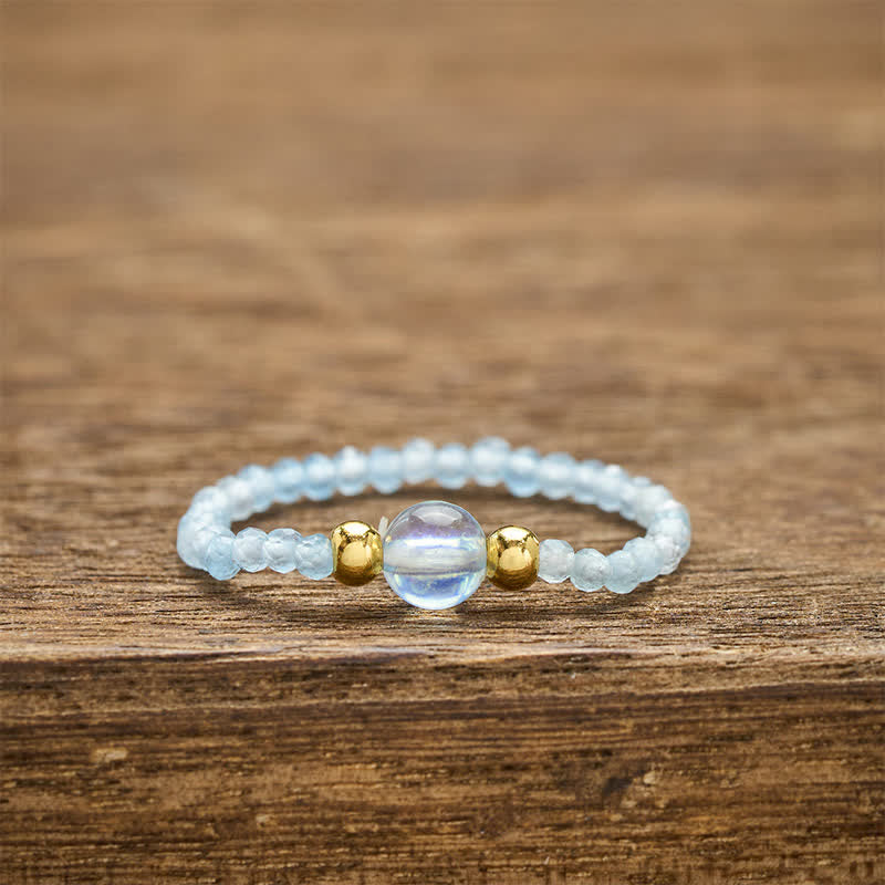 Buddha Stones 2mm Mini Beads Natural Rhodonite Aquamarine Topaz Rose Quartz Healing Elastic Ring - Natural Aquamarine(Color May Vary)(2mm+4mm) - image 19