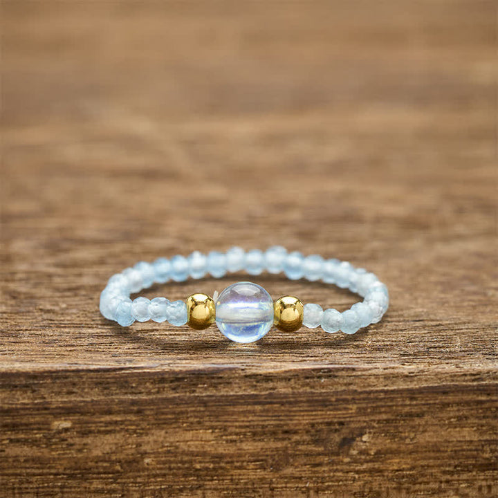Buddha Stones 2mm Mini Beads Natural Rhodonite Aquamarine Topaz Rose Quartz Healing Elastic Ring - Natural Aquamarine(Color May Vary)(2mm+4mm) - image 19