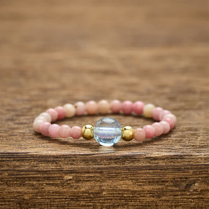 Buddha Stones 2mm Mini Beads Natural Rhodonite Aquamarine Topaz Rose Quartz Healing Elastic Ring - Natural Rhodonite(Color May Vary)+Natural Aquamarine(Color May Vary)(2mm + 4mm) - image 0