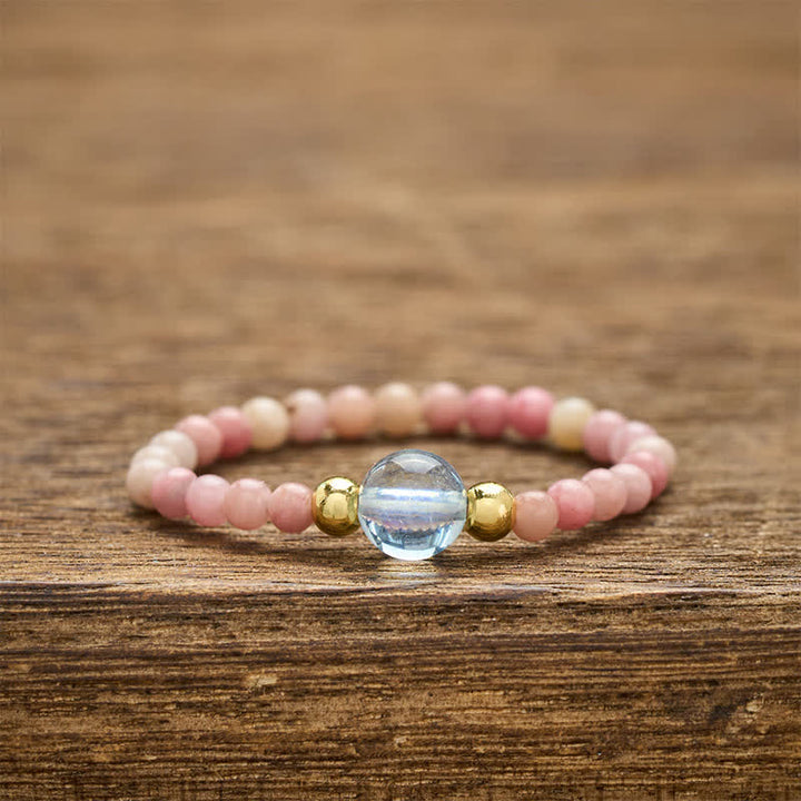 Buddha Stones 2mm Mini Beads Natural Rhodonite Aquamarine Topaz Rose Quartz Healing Elastic Ring - Natural Rhodonite(Color May Vary)+Natural Aquamarine(Color May Vary)(2mm + 4mm) - image 0