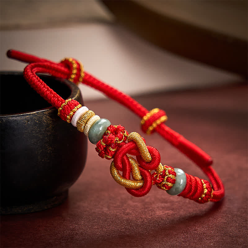 Buddha Stones Hand-Woven Love Heart Knot Jade Luck Braided Cord Bracelet - Red Gold(Wrist Circumference 15-19cm) - image 0