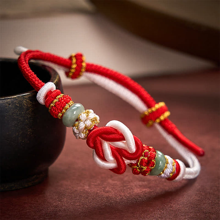 Buddha Stones Hand-Woven Love Heart Knot Jade Luck Braided Cord Bracelet - Red White(Wrist Circumference 15-19cm) - image 9