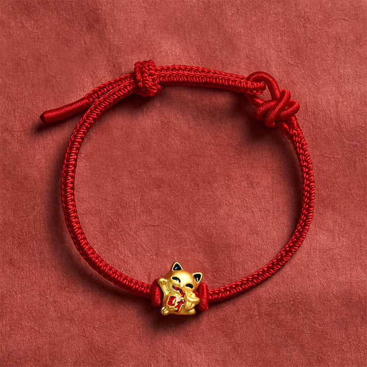 Buddha Stones Handmade Braided Red String Golden Lucky Cat Fortune Adjustable Bracelet - Red - 5.91-7.48 in (15-19cm) - image 0