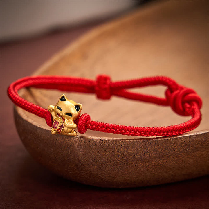 Buddha Stones Handmade Braided Red String Golden Lucky Cat Fortune Adjustable Bracelet - image 1