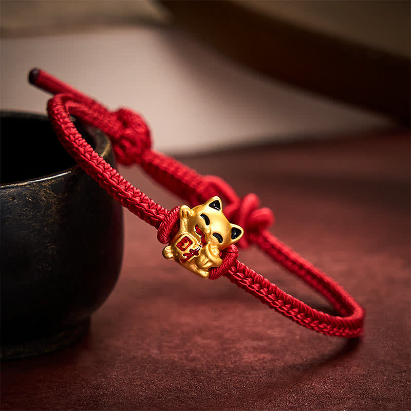 Buddha Stones Handmade Braided Red String Golden Lucky Cat Fortune Adjustable Bracelet - Dark Red - 5.91-7.48 in (15-19cm) - image 0