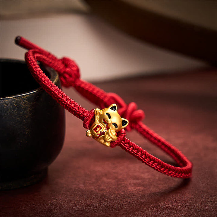 Buddha Stones Handmade Braided Red String Golden Lucky Cat Fortune Adjustable Bracelet - Dark Red - 5.91-7.48 in (15-19cm) - image 0