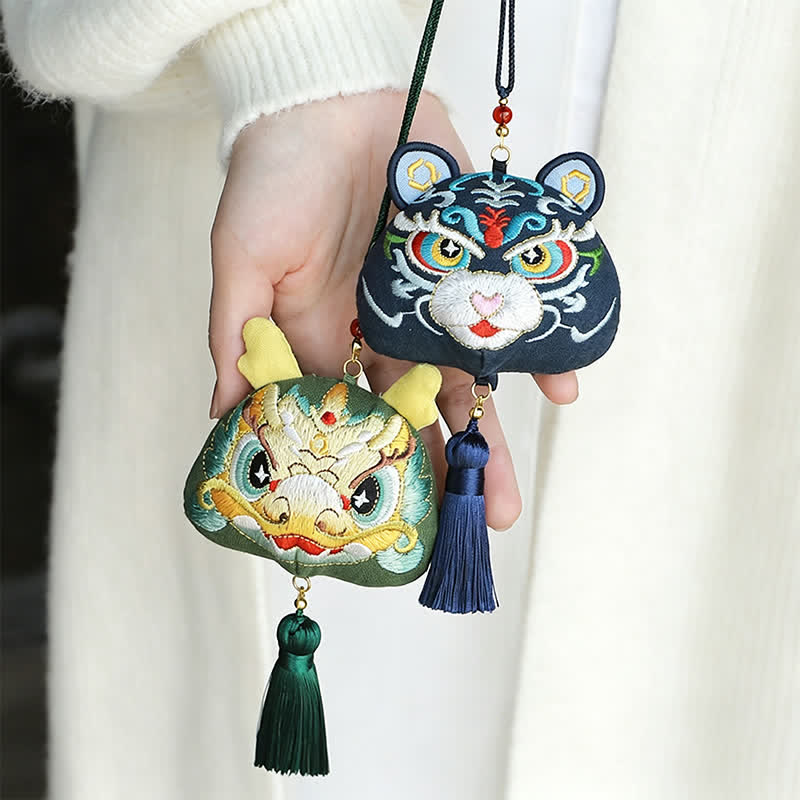 Buddha Stones Chinese Zodiac Embroidered Dragon Tiger Tassel Luck Cute Animal Decor - image 0