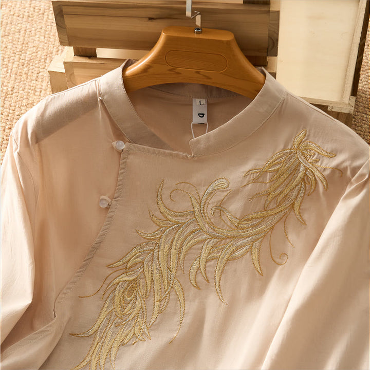 Buddha Stones Spring Vintage Embroidered Feather Mandarin Collar Solid Women's Short Sleeve Shirt - image 9