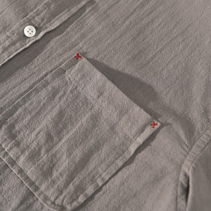 Buddha Stones Summer Casual Minimalist Button-Up Solid Cotton Linen Men's Short Sleeve Shirts With Pocket - image 1