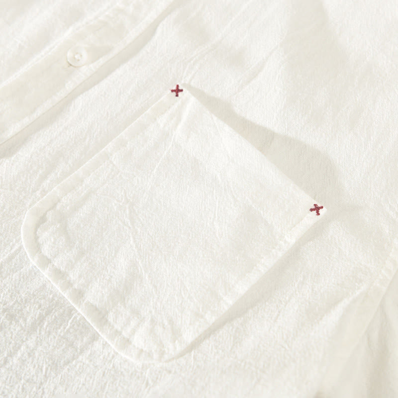 Buddha Stones Summer Casual Minimalist Button-Up Solid Cotton Linen Men's Short Sleeve Shirts With Pocket - image 4