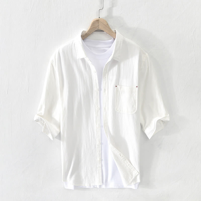 Buddha Stones Summer Casual Minimalist Button-Up Solid Cotton Linen Men's Short Sleeve Shirts With Pocket - White - US/UK/AU42，EU52 (3XL) - image 3