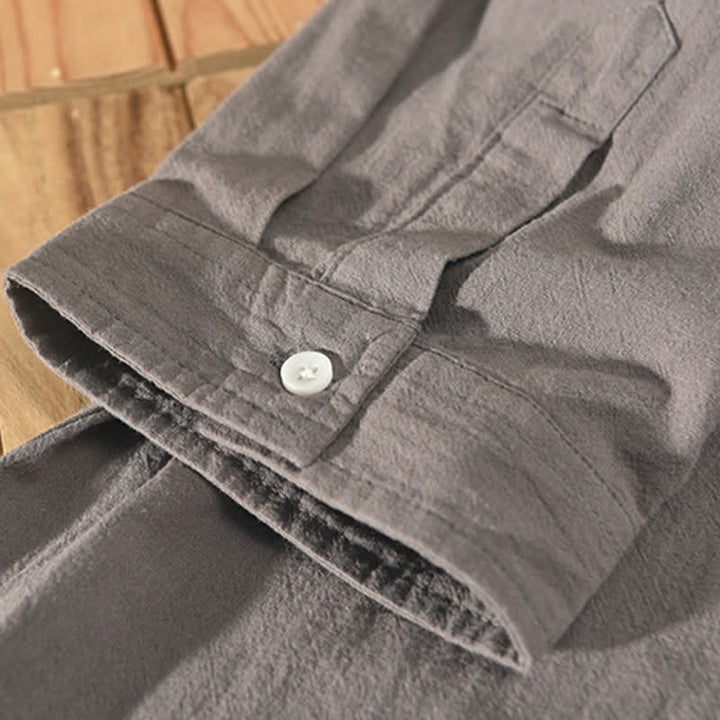 Buddha Stones Summer Casual Minimalist Button-Up Solid Cotton Linen Men's Short Sleeve Shirts With Pocket - image 2