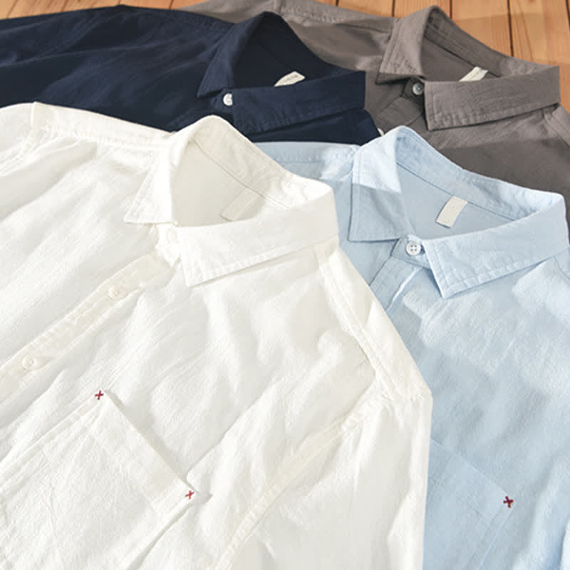 Buddha Stones Summer Casual Minimalist Button-Up Solid Cotton Linen Men's Short Sleeve Shirts With Pocket - image 19