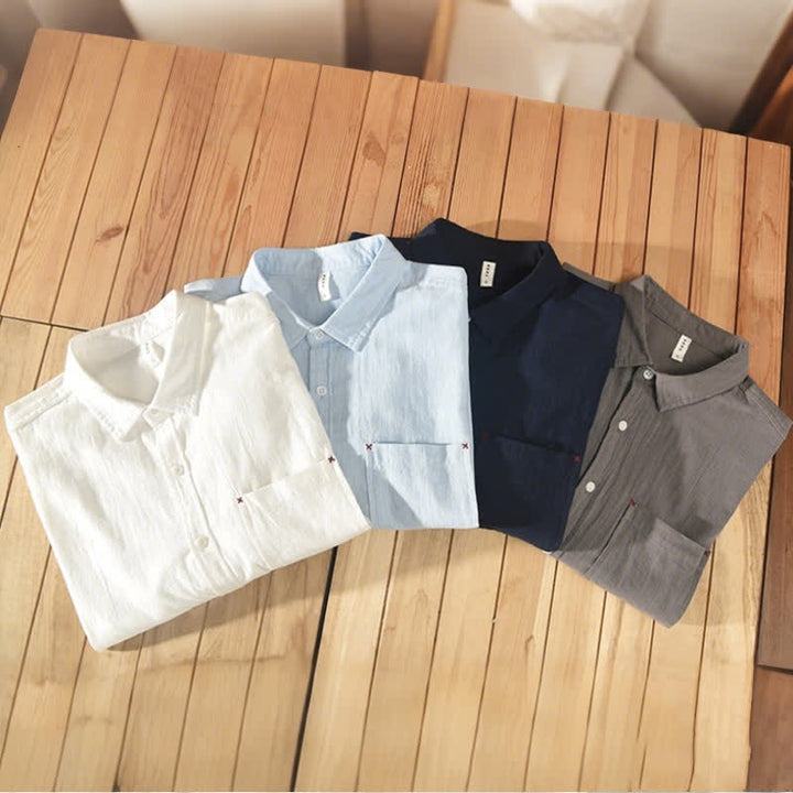 Buddha Stones Summer Casual Minimalist Button-Up Solid Cotton Linen Men's Short Sleeve Shirts With Pocket - image 18