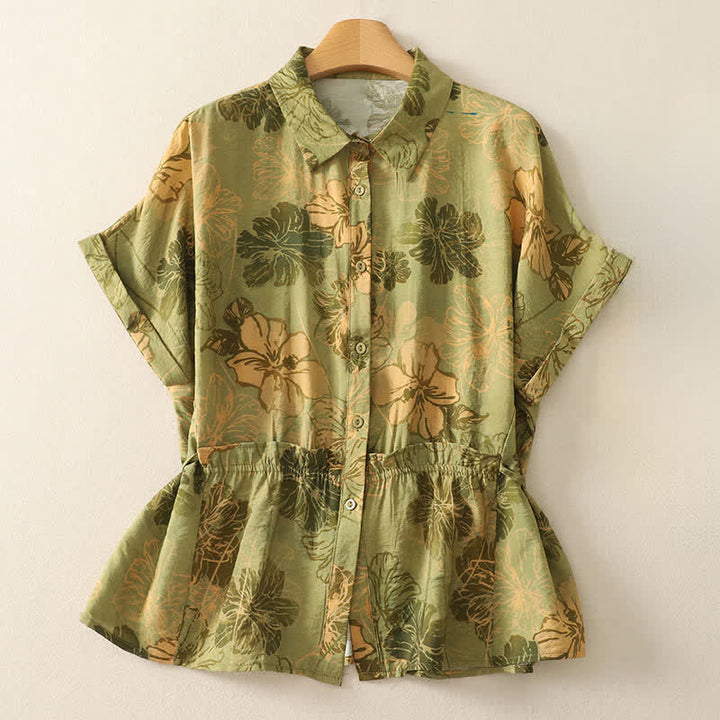 Buddha Stones Summer Boho Button-Up Floral Women's Short Sleeve Shirts - YellowGreen - US8-10, UK/AU12-14, EU40-42 (2XL) - image 0