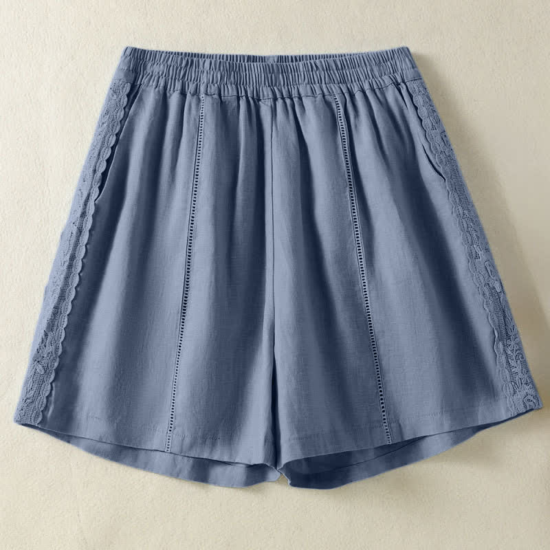 Buddha Stones Summer Casual Boho Solid Decorative Side Lace Women's Shorts With Pockets - CadetBlue - US8-10, UK/AU12-14, EU40-42 (2XL) - image 0