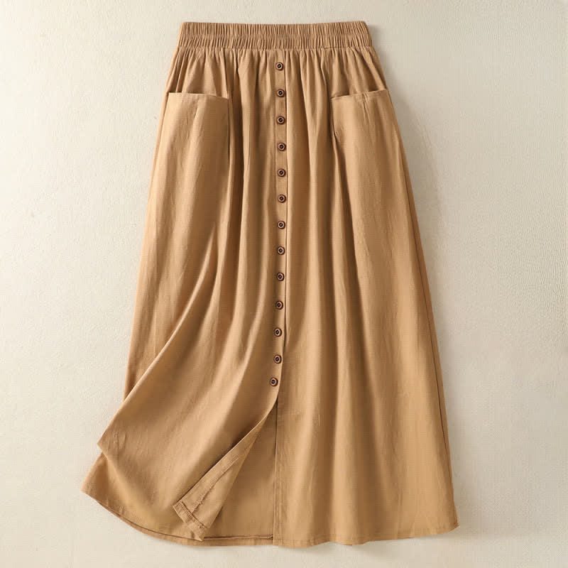 Buddha Stones Summer Casual Boho Button-Up Solid Women's Skirts With Pockets - Tan - US6, UK/AU10, EU38 (XL) - image 0