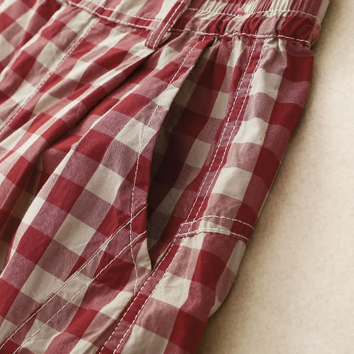 Buddha Stones Summer Casual Vintage Button Red Plaid Zipper Design Women's Shorts With Pockets - image 5