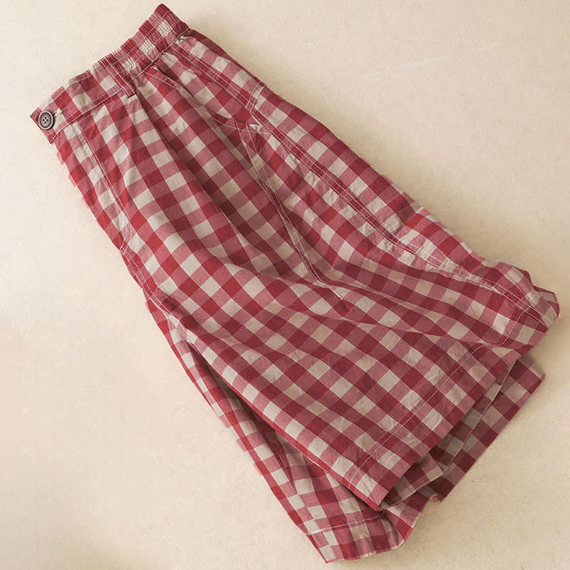 Buddha Stones Summer Casual Vintage Button Red Plaid Zipper Design Women's Shorts With Pockets - image 2