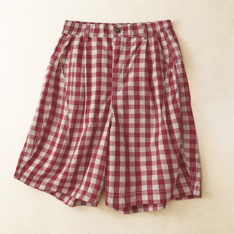 Buddha Stones Summer Casual Vintage Button Red Plaid Zipper Design Women's Shorts With Pockets - IndianRed - US8-10, UK/AU12-14, EU40-42 (2XL) - image 0
