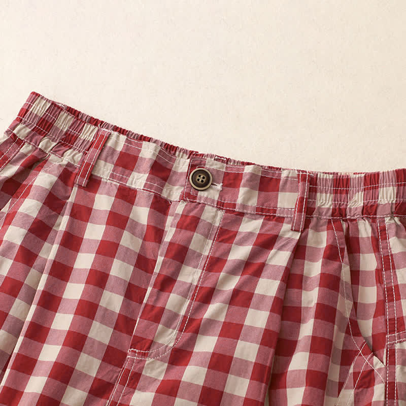 Buddha Stones Summer Casual Vintage Button Red Plaid Zipper Design Women's Shorts With Pockets - image 3