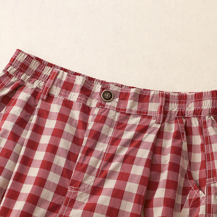 Buddha Stones Summer Casual Vintage Button Red Plaid Zipper Design Women's Shorts With Pockets - image 3