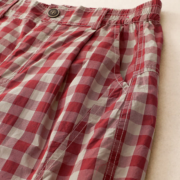 Buddha Stones Summer Casual Vintage Button Red Plaid Zipper Design Women's Shorts With Pockets - image 4