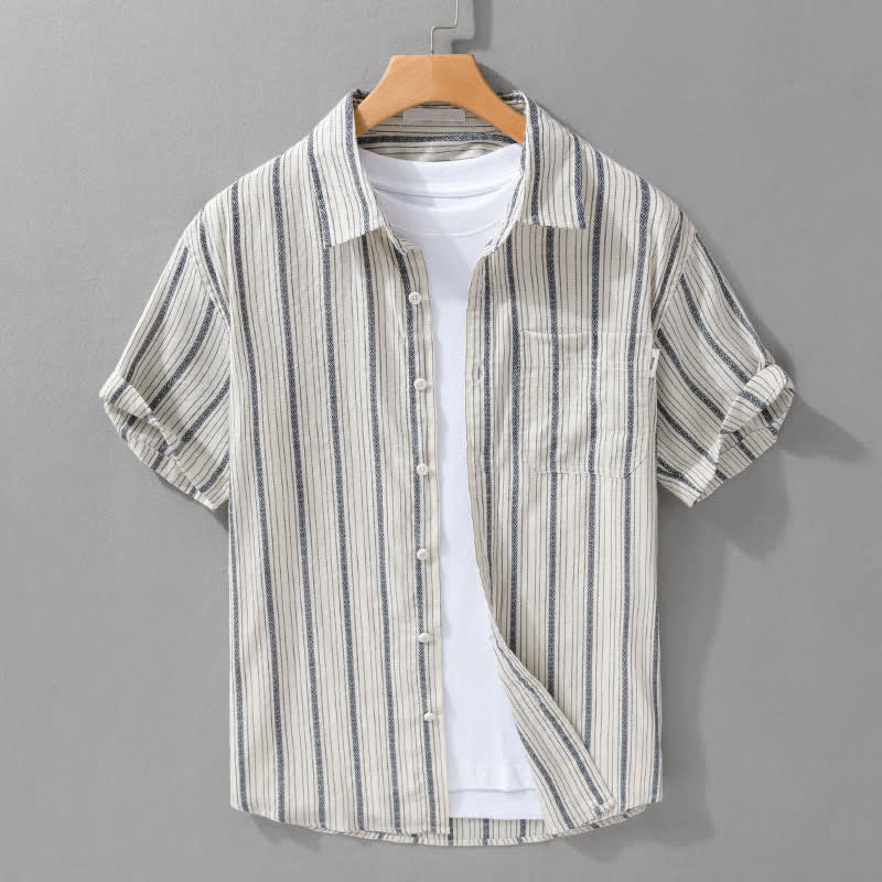 Buddha Stones Summer Casual Button Up Striped Cotton Men's Short Sleeve Shirts With Patch Pocket - AntiqueWhite - US/UK/AU42, EU52 (3XL) - image 0