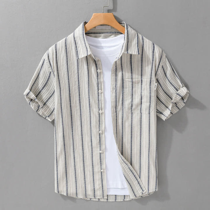 Buddha Stones Summer Casual Button Up Striped Cotton Men's Short Sleeve Shirts With Patch Pocket - AntiqueWhite - US/UK/AU42, EU52 (3XL) - image 0