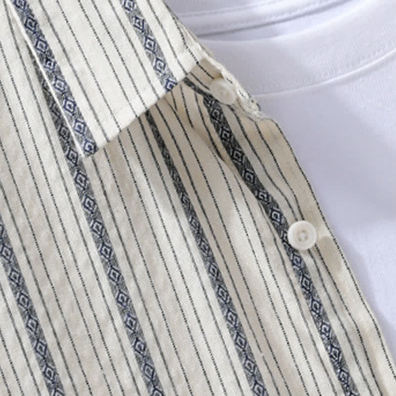 Buddha Stones Summer Casual Button Up Striped Cotton Men's Short Sleeve Shirts With Patch Pocket - image 3