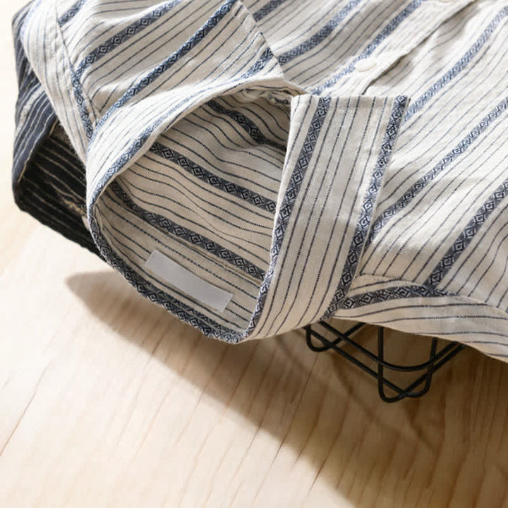 Buddha Stones Summer Casual Button Up Striped Cotton Men's Short Sleeve Shirts With Patch Pocket - image 16