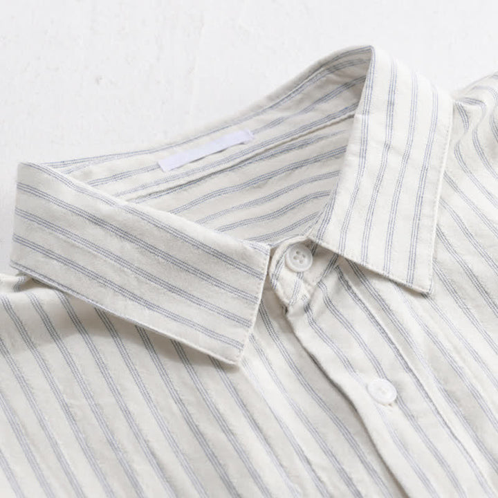 Buddha Stones Summer Casual Minimalist Half Button Striped Cotton Men's Short Sleeve Shirts - image 4