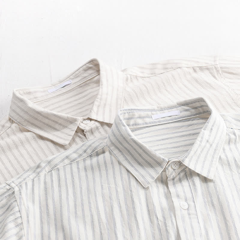 Buddha Stones Summer Casual Minimalist Half Button Striped Cotton Men's Short Sleeve Shirts - image 15