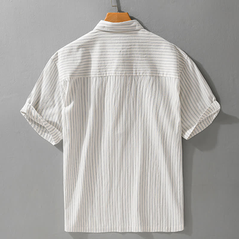 Buddha Stones Summer Casual Minimalist Half Button Striped Cotton Men's Short Sleeve Shirts - image 1