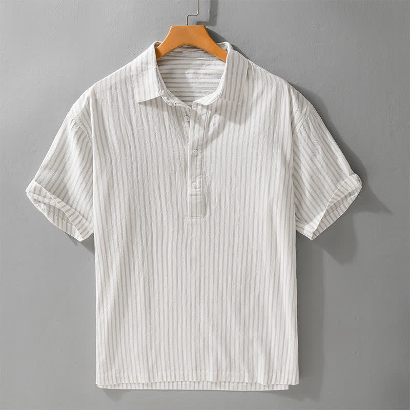 Buddha Stones Summer Casual Minimalist Half Button Striped Cotton Men's Short Sleeve Shirts - FloralWhite - US/UK/AU42, EU52 (3XL) - image 0