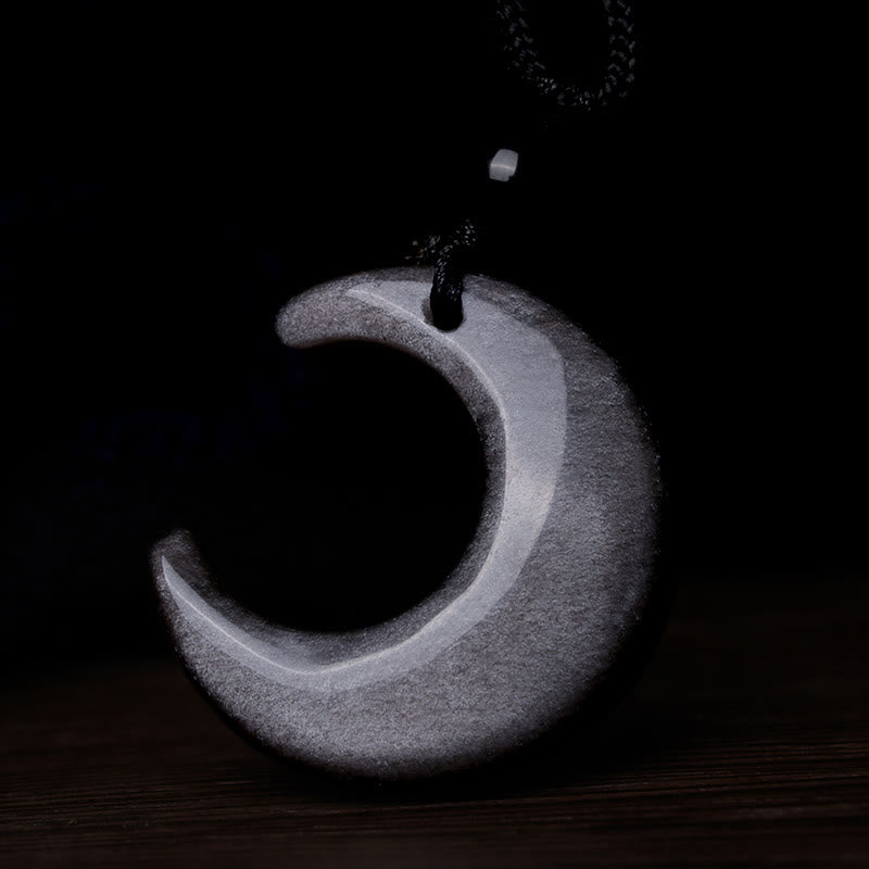 Buddha Stones Natural Silver Sheen Obsidian Selenite Crystal Crescent Moon Yin Yang Couple Protection Necklace Pendant - image 5