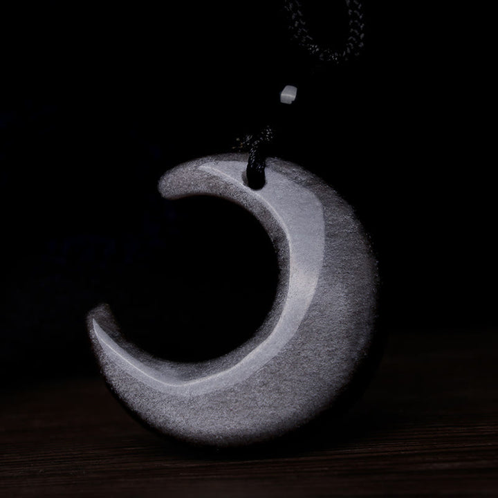 Buddha Stones Natural Silver Sheen Obsidian Selenite Crystal Crescent Moon Yin Yang Couple Protection Necklace Pendant - image 5