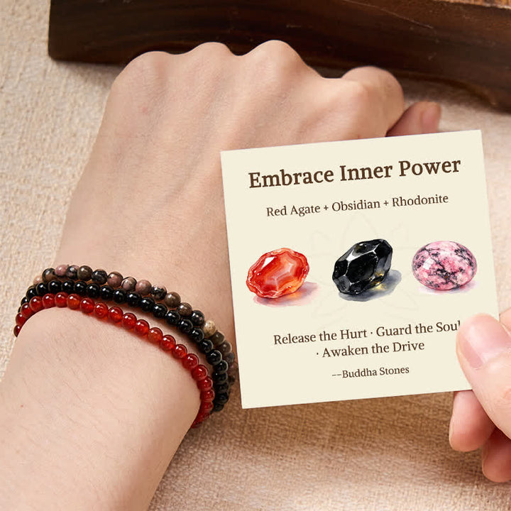 Buddha Stones 3pcs "Embrace Inner Power" Red Agate Confidence Bracelet Includes Gift Message Card - 4mm - image 0