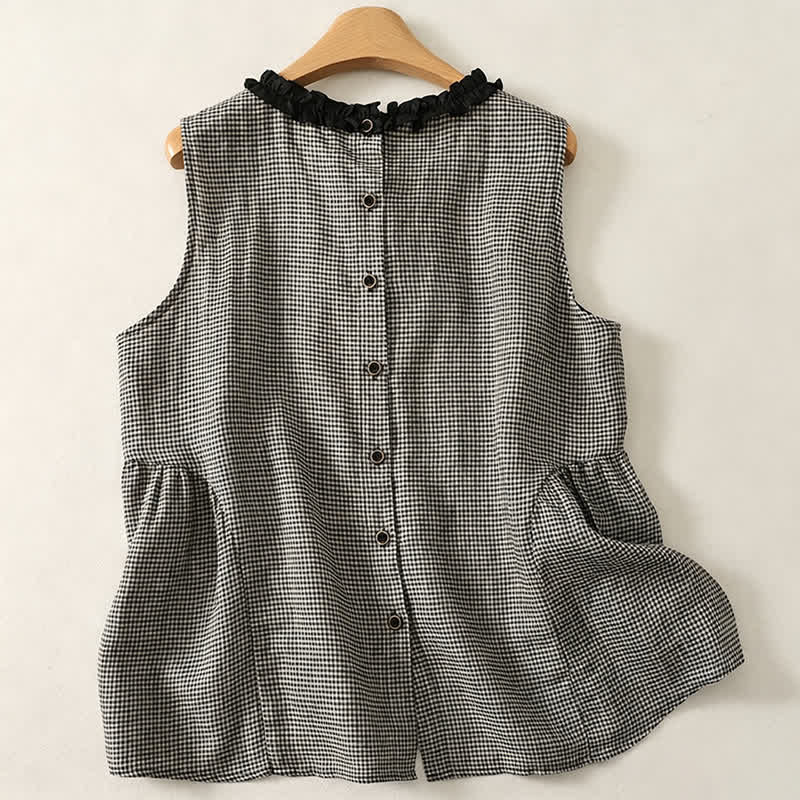 Buddha Stones Summer Casual Vintage Plaid Back Button-Up Tank Top Women's Sleeveless Shirts - image 1